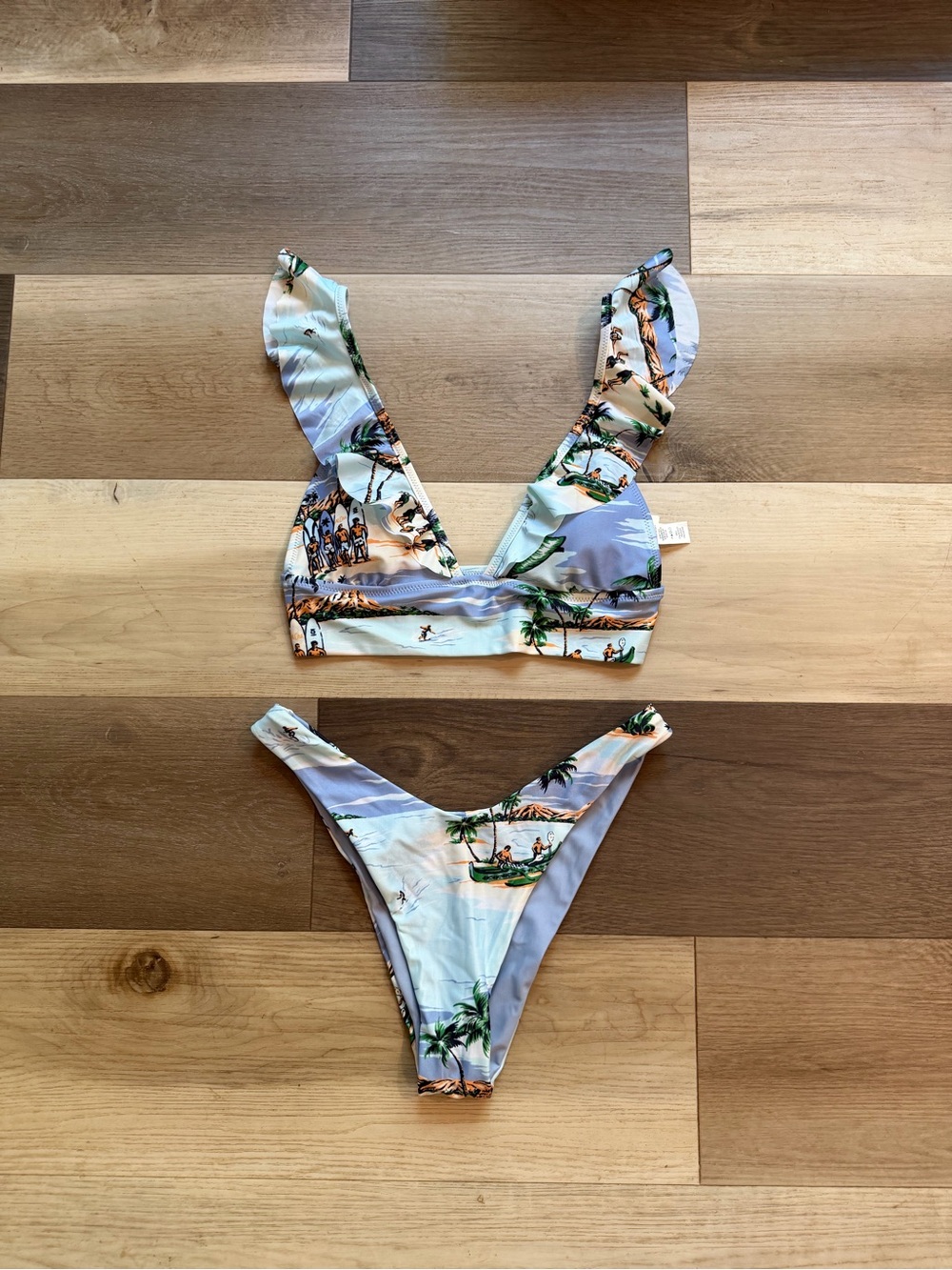 aerie Light Blue Tropical Print Ruffle Bikini Set NWT